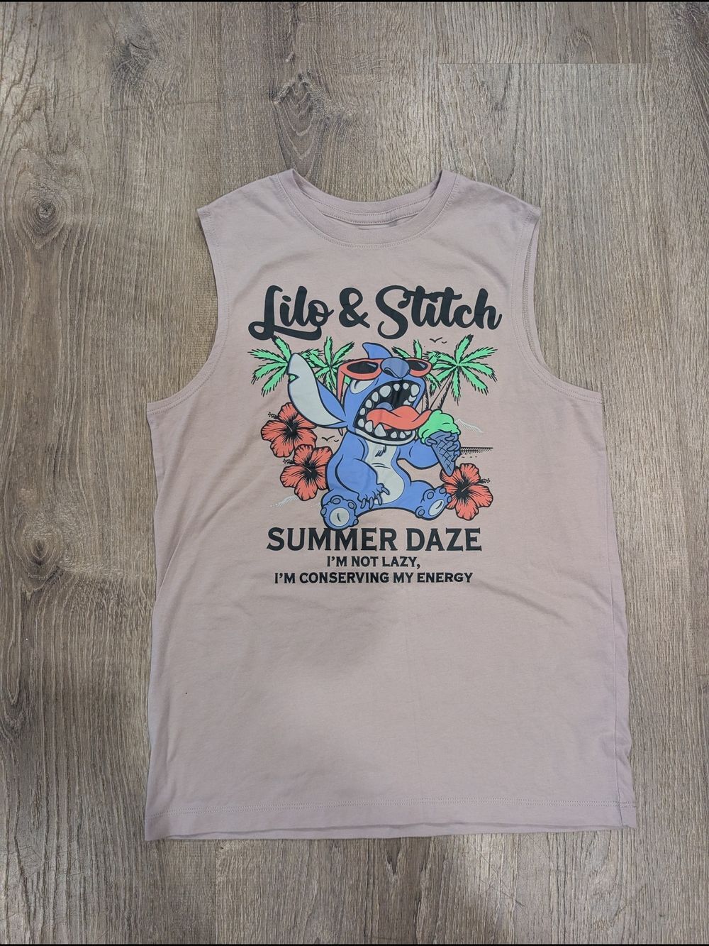 Disney Lilo and Stitch Summer Daze I’m Not Lazy Graphic Muscle Tank Top Grey